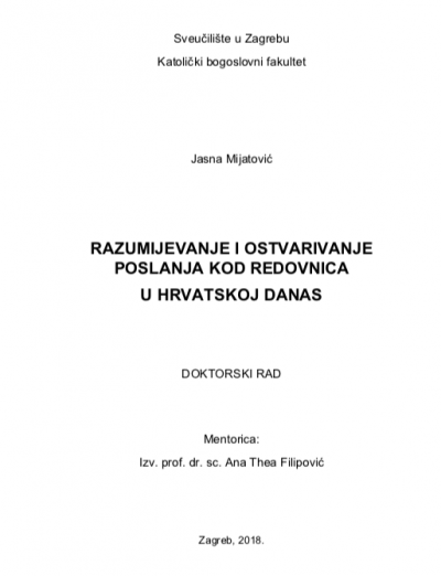 Razumijevanje i ostvarivanje poslanja kod redovnica u Hrvatskoj danas (disertacija)